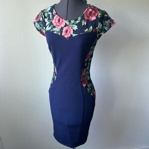BCX dress size 5 navy coral floral embroidery fitted barbiecore